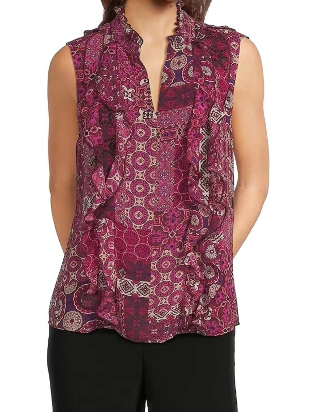 Karl Lagerfeld Printed Ruffle Sleeveless Blouse | Geometric Tile Print | Size L